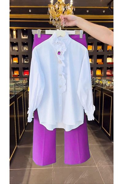 Alury group Luxury Spark Rhinestone Beading Shirt and Pants Autumn Spring New Long Sleeve Mid-Length Top