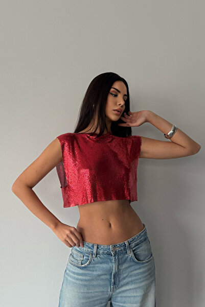 Trend aksesuar Geniş Kesim Zırh Kumaş Crop Bluz