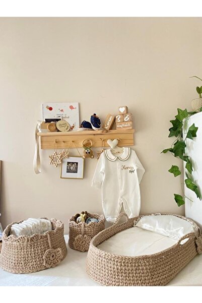 Ms El Yapımı Örgü Bebek Puseti - Bebek Sepeti - Bebek Yatağı - Ahşap Taban