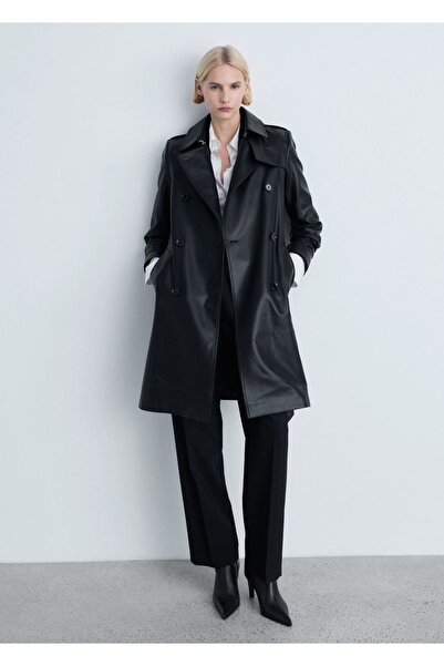 MANGO Woman Deri görünümlü trençkot