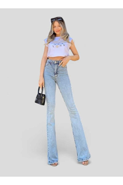 JAXEN بنطلون جينز نسائي من Jasmy باللون الأزرق الإسباني مغسول بالثلج عالي الخ...