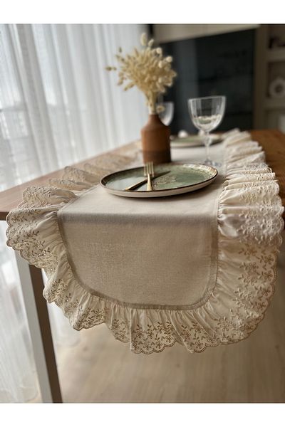 eyma home 100% βαμβακερό ακατέργαστο λινό οβάλ δρομέας με βολάν (45cm 140 cm)