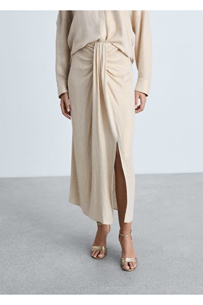 MANGO Woman Keten karışımı dökümlü midi etek