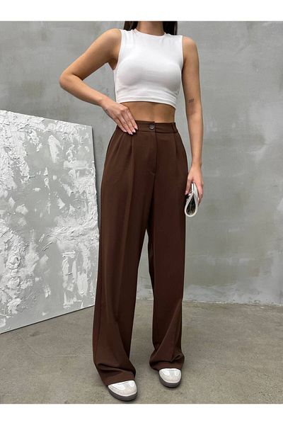 NEW JOURNAL Women's Brown High Waist Pleated Plaszo Fabric Trousers Nwj- 1000500018