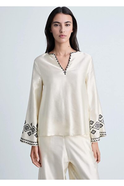 MANGO Woman İşlemeli saten bluz