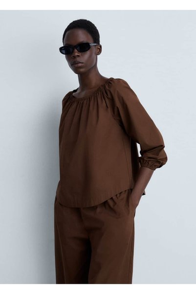 MANGO Woman Cotton Blouse with Gathered Neckline