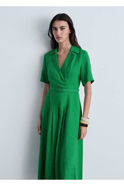MANGO Woman Kemerli keten elbise