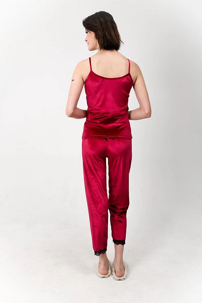 sıla sella Alec Lingerie Women's Velvet Bottom Top Strap Long Pajamas Set