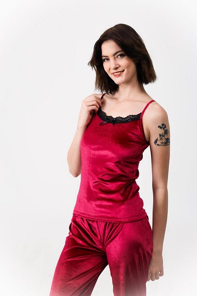 sıla sella Alec Lingerie Women's Velvet Bottom Top Strap Long Pajamas Set