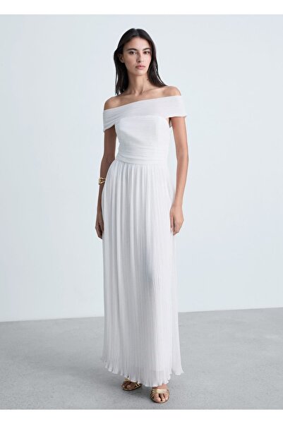 MANGO Woman Rochie plisată cu umărul liber