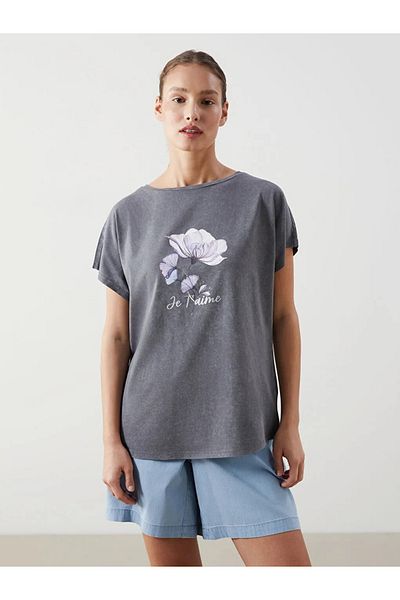 LC Waikiki Lcwaikiki Classic Gray Crew Neck Floral Women's T-Shirt