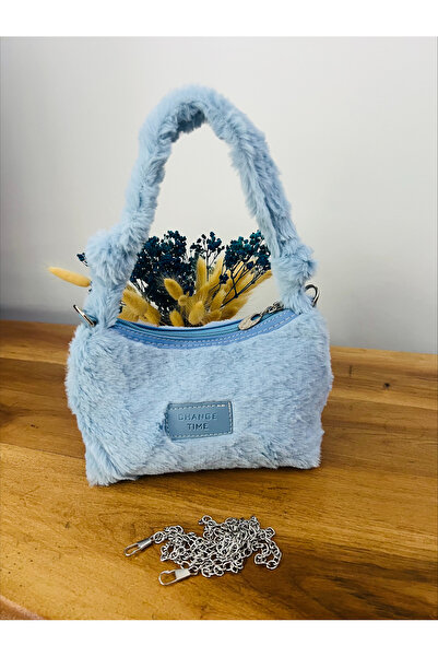 BEE BAGS Geantă de mână și de umăr model Baguette, cu pene de pluș, culoare albastră