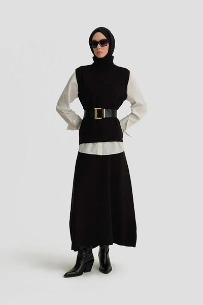 Armine Black Zero Sleeve Sweater and Skirt Set - 24Kd4220