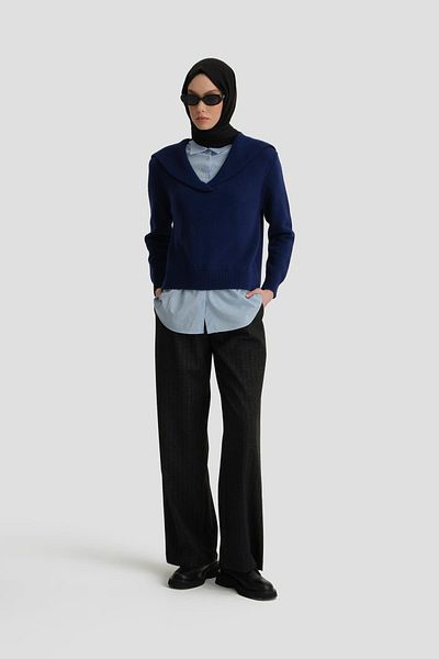 Armine Navy Blue Poplin Mixed Sweater - 24Kd4218