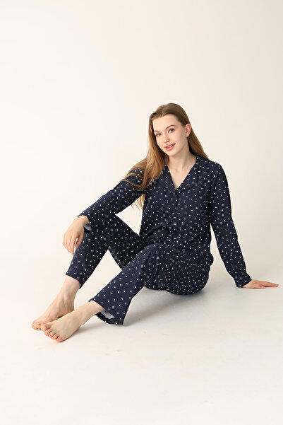 Arvin Pijama Жіночий чорний бавовняний піжамний комплект з коміром, принтом у вигляді серця та ґудзиками