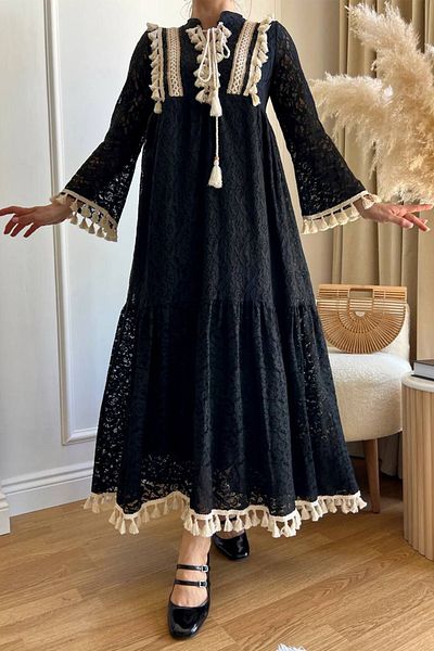 AYASOFYA OTANTIK Women's Black Placket Neckline Sleeve and Hemline Pompom Detailed Lined Long Lace Dress