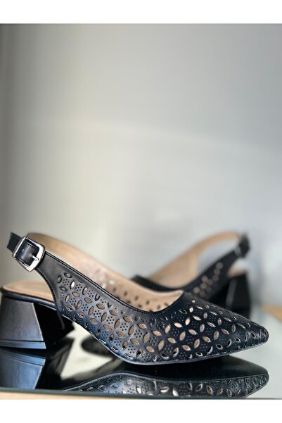 Sade Shoes Yumurta topuk arkası açık siyah delikli mat