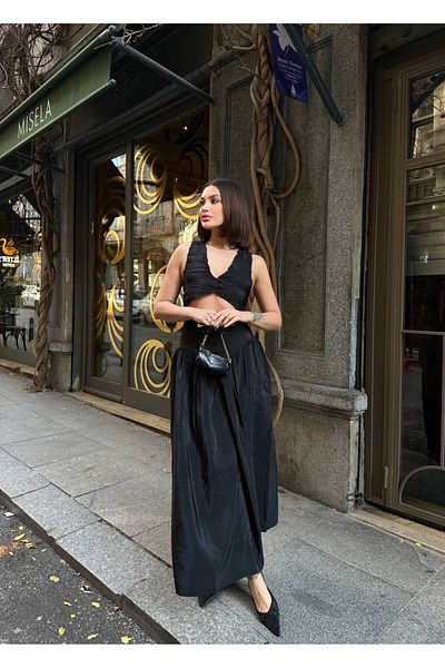 Stil Sepeti Women's Black High Waist Buttoned Flared Hem Bustier Suit Ely- 10078500