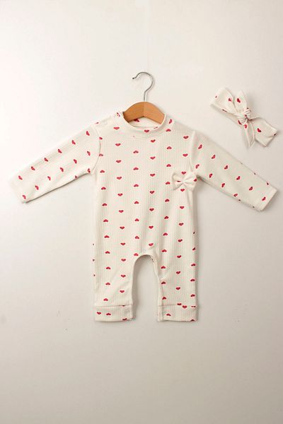 Ma Miss Armina Baby Romper Set - Hearted Pattern - Long Sleeve Romper and Headband - 100% Cotton