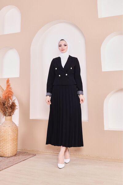 MİSS M.A.T FASHİON طقم سترة بليزر مطوي بأربعة أزرار معدنية وتنورة مزدوجة الصدر