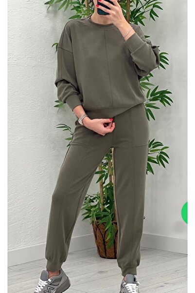 KAROL Haki bisiklet yaka ön şerit detaylı özel dokulu eşorfman takımı