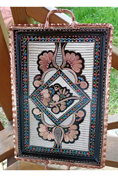 Efsoon Organics 1 mm Gül Çiçek Dikdörtgen Bakır Tepsi 40 cm