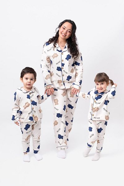bebicix Double Breasted Lapel Soft Texture 100% Cotton Mother Kids Combination Pajamas Set