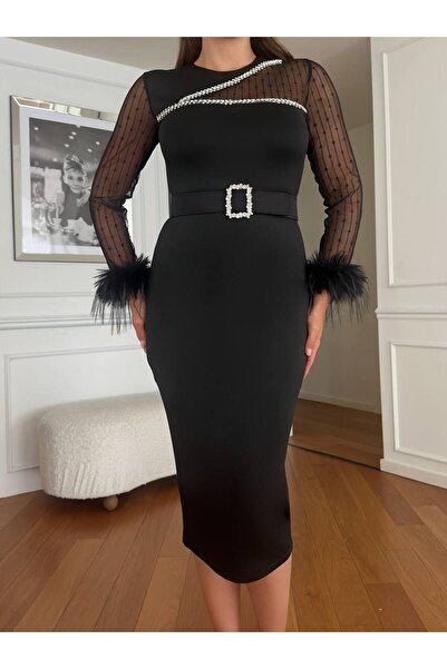 asyadabutik Kadın İKolları Transparan Otrişli Taşlı ve Kemerli İthal Scuba Krep Kumaş Abiye Nişan Nikah Elbisesi