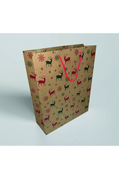 kraftpark KARTON ÇANTA 35x42x12 cm 10 Adet Geyik Desenli Kraft Kağıt 2 Renk Baskılı