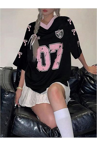Touz Moda Y2K Ribbon Ballet Printed Oversize T-Shirt