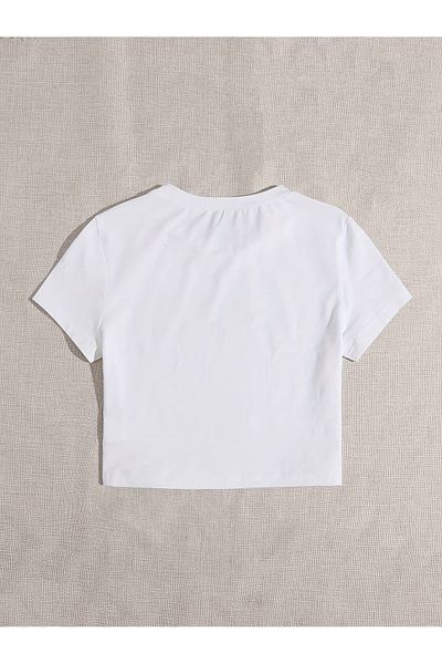 Let's Wear Λευκό T-shirt Crop - Κοντό μανίκι, οργανικό βαμβάκι, λαιμόκοψη, μοτίβο εκτύπωσης