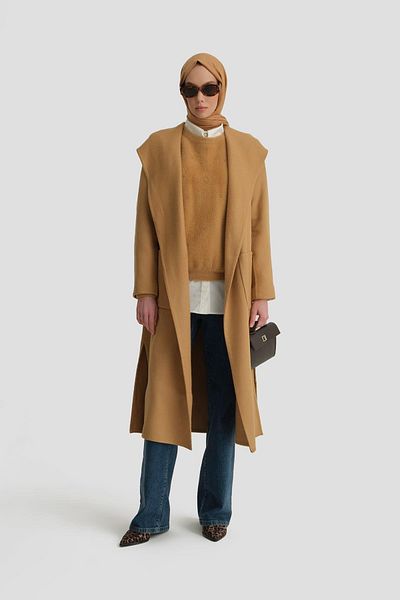 Armine 24K8109 Model Hooded High Cut Coat - Handmade Camel
