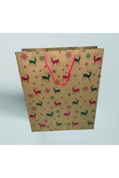kraftpark KARTON ÇANTA 35x42x12 cm 10 Adet Geyik Desenli Kraft Kağıt 2 Renk Baskılı