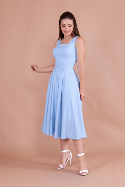 RURIS Kadın Bebe Mavi Kare Yaka Kolsuz Midi Boy Abiye Mezuniyet Elbisesi