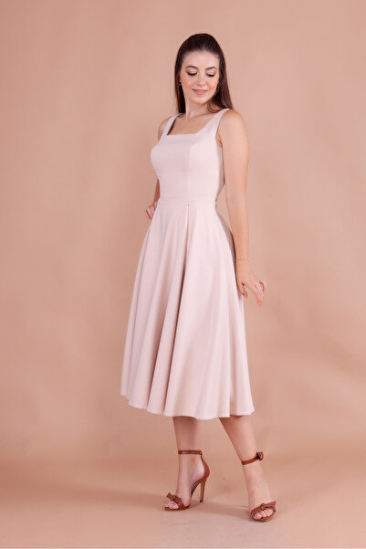 RURIS Kadın Krem Kare Yaka Kolsuz Midi Boy Abiye Mezuniyet Elbisesi