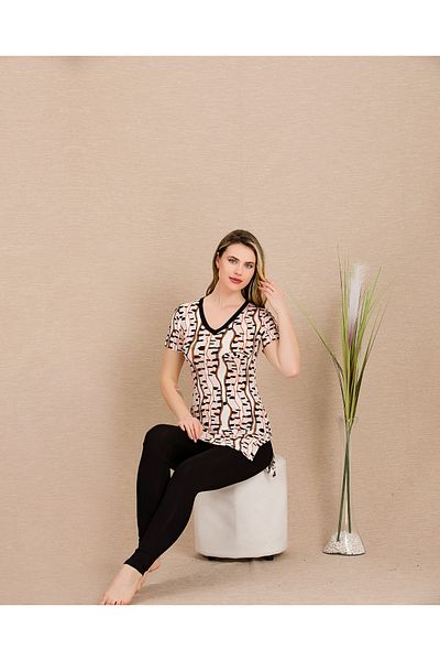 Lady Lingerie Γυναικείο Σετ Πιτζάμες με V λαιμόκοψη, κοντό μανίκι και καλσόν