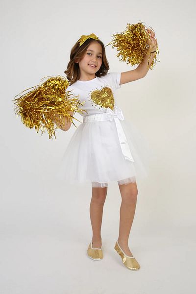 NOBLE STORE Girl's Gold Yellow Sequin Heart Detail T-Shirt White Skirt Suit April 23, October 29 Show Outfit