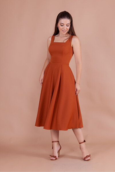 RURIS Kadın Tarçın Kare Yaka Kolsuz Midi Boy Abiye Mezuniyet Elbisesi