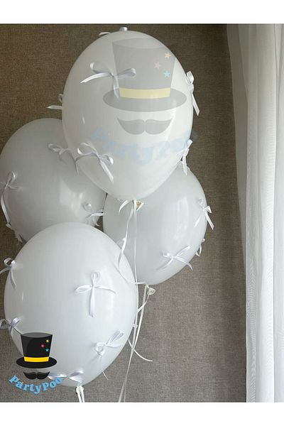 PartyPoo White Balloon Set with White Bow Ribbon 10-Piece Birthday Party Set