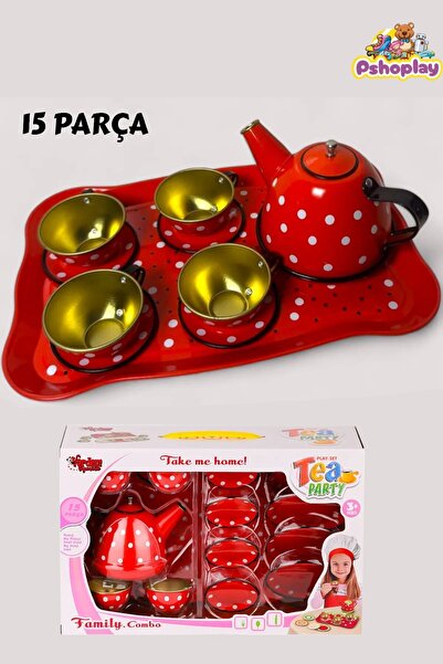 Pshoplay طقم شاي معدني منقط - طقم لعب واقعي مكون من 15 قطعة