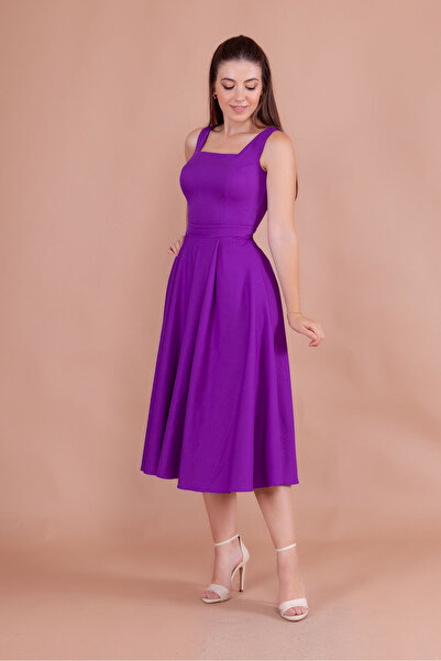 RURIS Kadın Mor Kare Yaka Kolsuz Midi Boy Abiye Mezuniyet Elbisesi