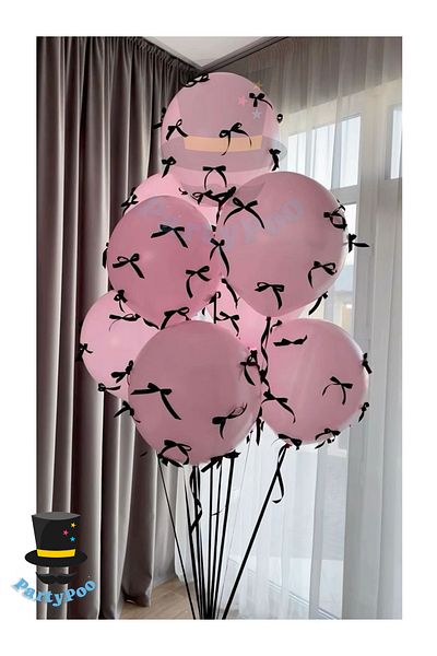 PartyPoo Pink Balloon Set with Black Bow Ribbon 10Pcs Birthday Party Set Bow Balloon, Ribbon Balloon