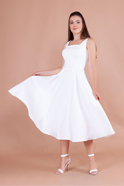 RURIS Kadın Beyaz Kare Yaka Kolsuz Midi Boy Abiye Mezuniyet Elbisesi