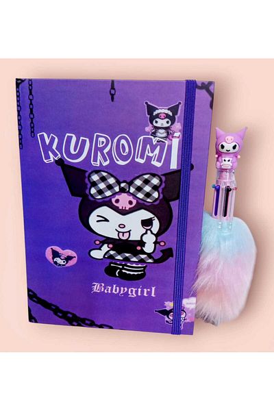 izmir yazici servis Kuromi Hard Cover Striped Memory Souvenir Diary Notebook 6 Colors Writing Plush Pen Gift Set
