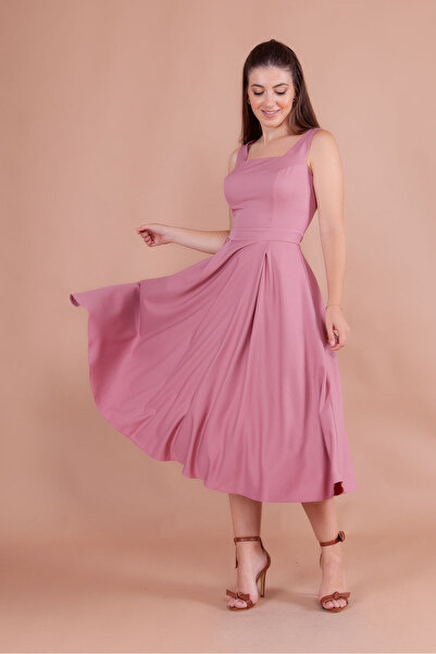 RURIS Kadın Gül Kurusu Kare Yaka Kolsuz Midi Boy Abiye Mezuniyet Elbisesi