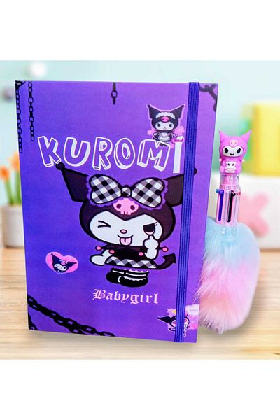 izmir yazici servis Kuromi Hard Cover Striped Memory Souvenir Diary Notebook 6 Colors Writing Plush Pen Gift Set