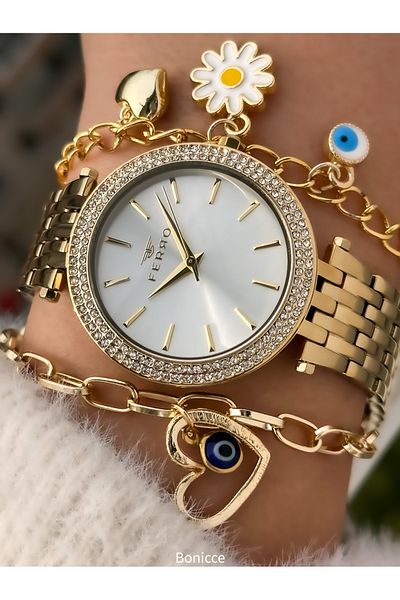FERRO Yellow Gold Color, Steel Strap and Stone Case Women's Wristwatch + Bracelet
