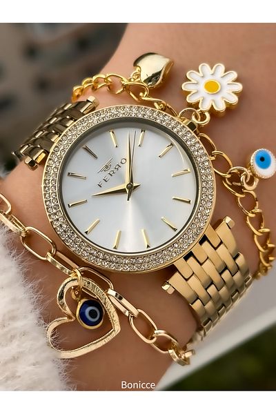 FERRO Yellow Gold Color, Steel Strap and Stone Case Women's Wristwatch + Bracelet