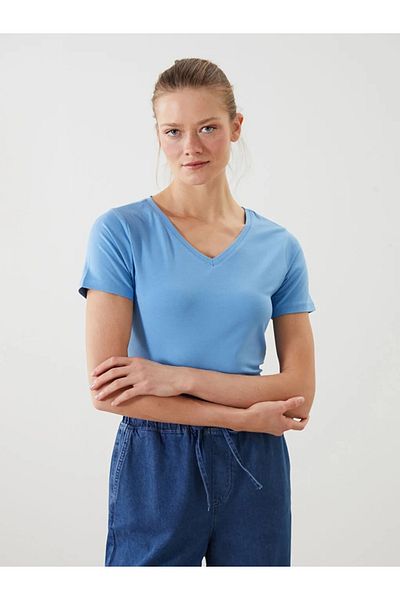 LC Waikiki Tricou de damă LCWAIKIKI Classic Blue cu decolteu în V