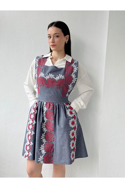 Retrobird Women's Indigo Dress - Mandy Embroidery Detail, Short Gilet